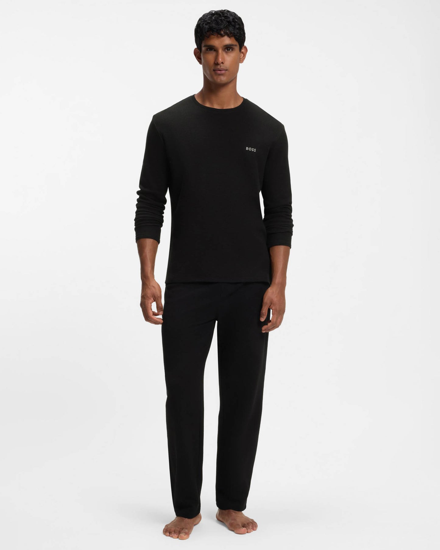 BOSS Orange Waffle Mens Ottoman pyjama T - Shirt with embroidered logo - Black 001 | CHO | Designer Mens,Pyjamas Loungewear & Robes,Pyjamas