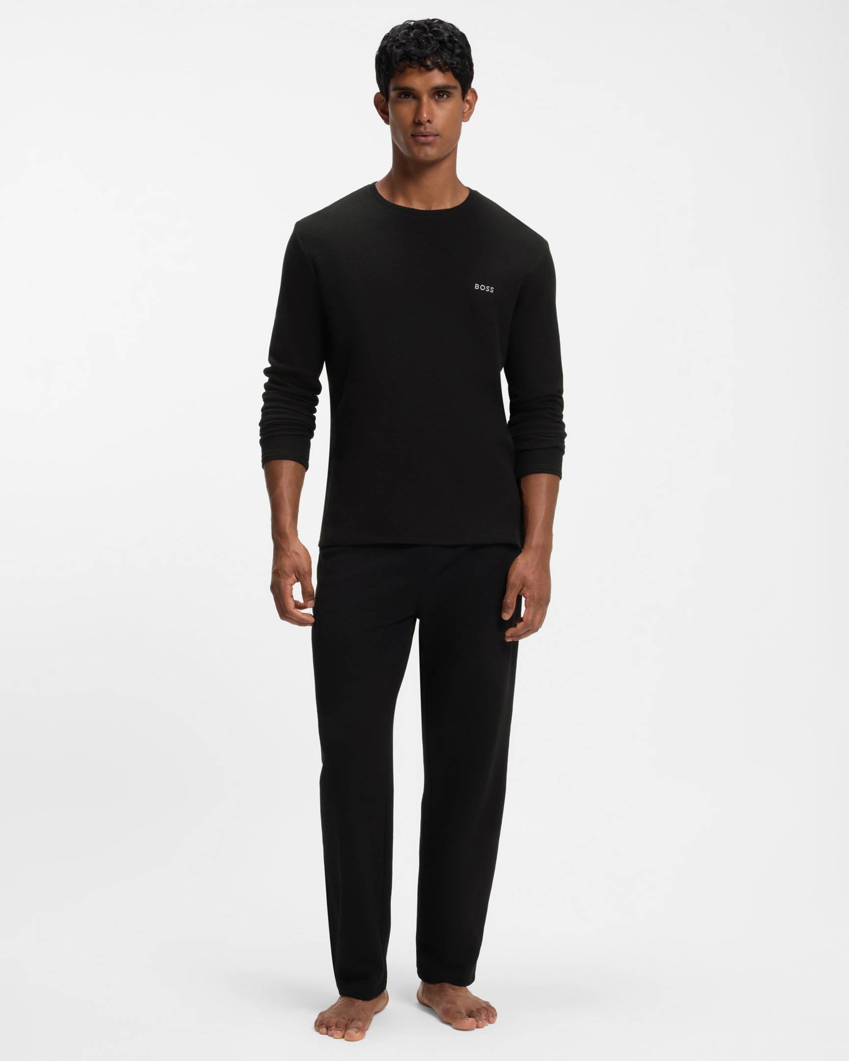 BOSS Orange Waffle Mens Ottoman pyjama T - Shirt with embroidered logo - Black 001 | CHO | Designer Mens,Pyjamas Loungewear & Robes,Pyjamas