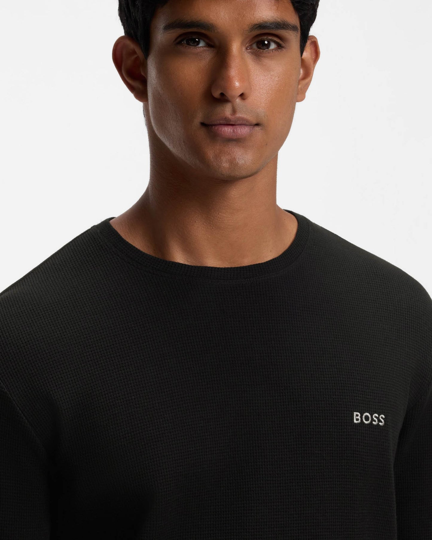 BOSS Orange Waffle Mens Ottoman pyjama T - Shirt with embroidered logo - Black 001 | CHO | Designer Mens,Pyjamas Loungewear & Robes,Pyjamas