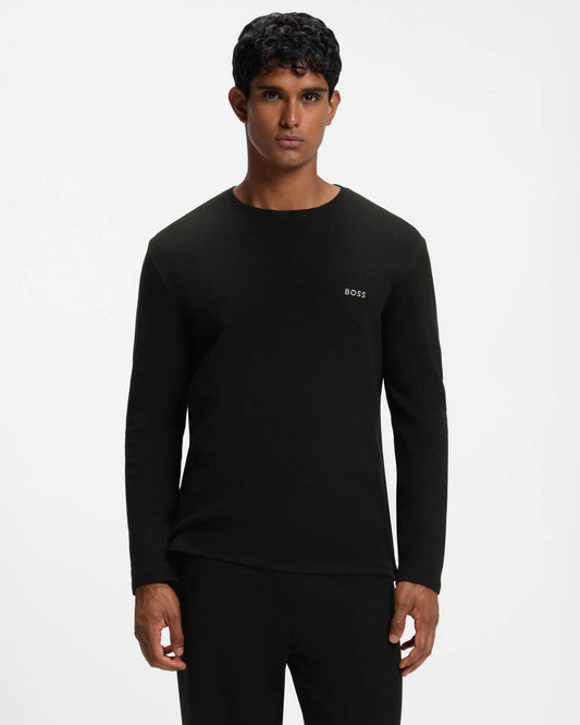 BOSS Orange Waffle Mens Ottoman pyjama T - Shirt with embroidered logo - Black 001 | CHO | Designer Mens,Pyjamas Loungewear & Robes,Pyjamas