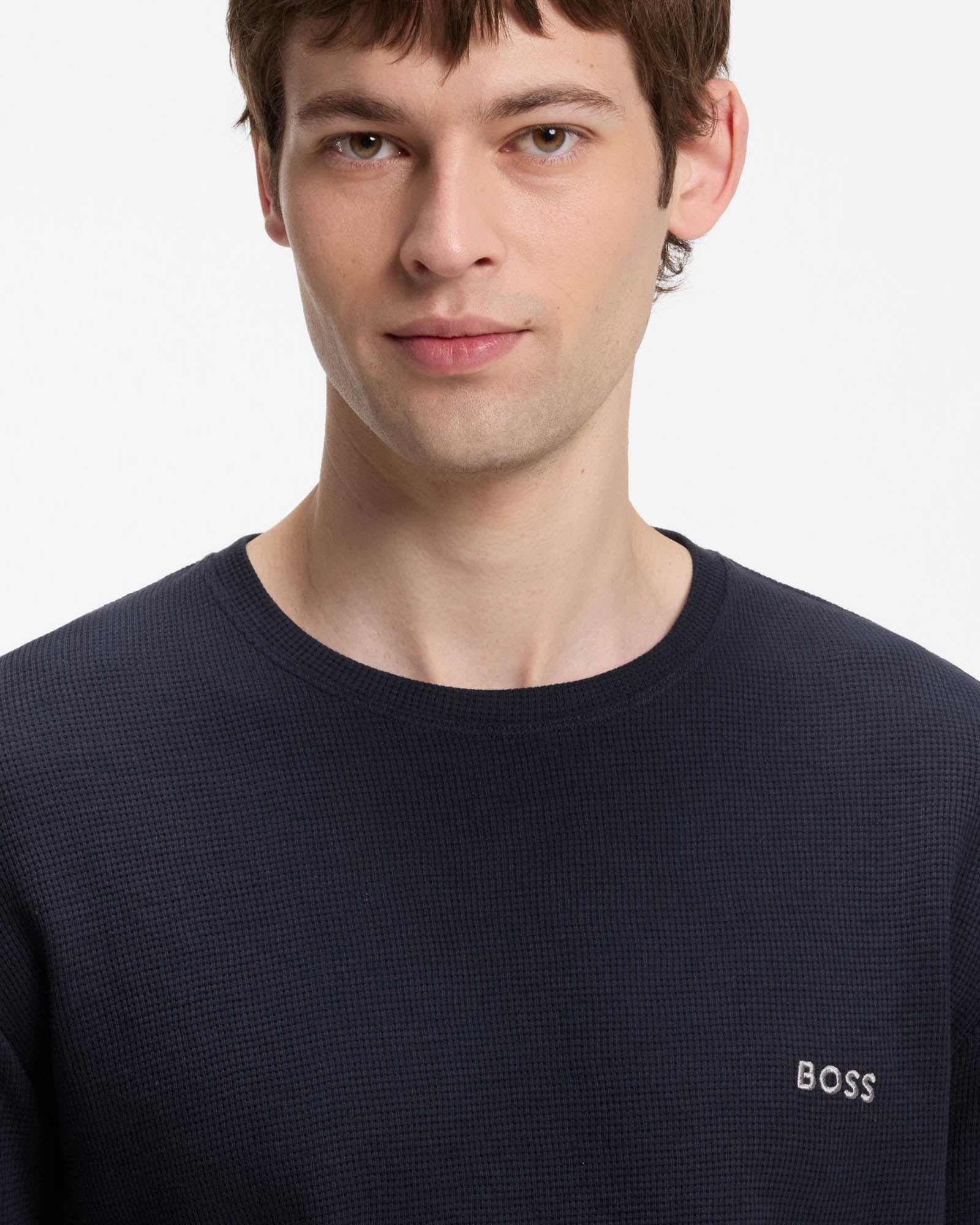 BOSS Orange Waffle Mens Ottoman pyjama T - Shirt with embroidered logo - Dark Blue 403 | CHO | Designer Mens,Pyjamas Loungewear & Robes,Pyjamas