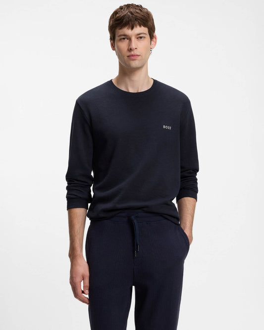BOSS Orange Waffle Mens Ottoman pyjama T - Shirt with embroidered logo - Dark Blue 403 | CHO | Designer Mens,Pyjamas Loungewear & Robes,Pyjamas