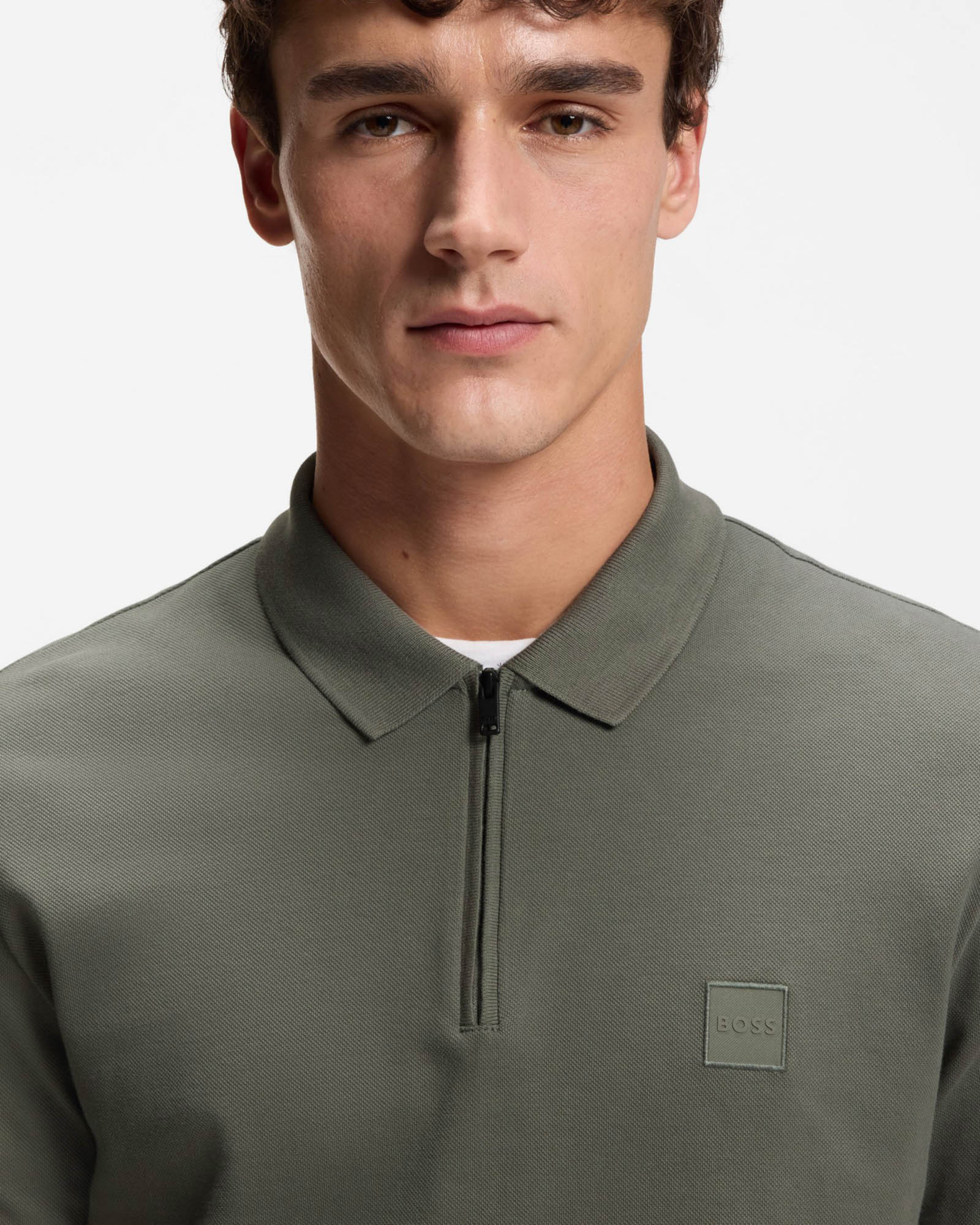 BOSS Orange Passerzip Mens Zip Placket Polo Shirt - Open Grey 076 | CHO | Designer Mens Short Sleeve Polo Shirts