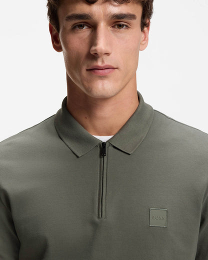 BOSS Orange Passerzip Mens Zip Placket Polo Shirt - Open Grey 076 | CHO | Designer Mens Short Sleeve Polo Shirts