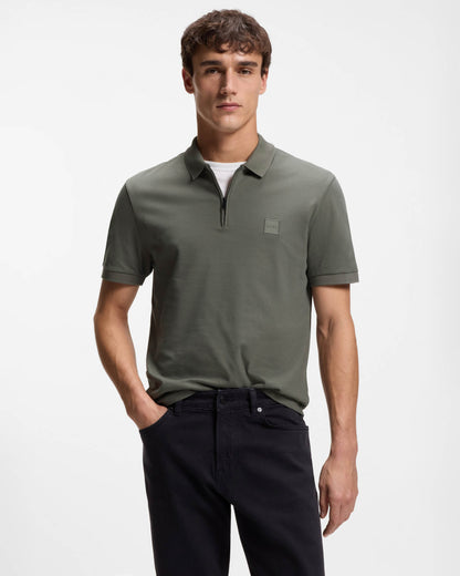 BOSS Orange Passerzip Mens Zip Placket Polo Shirt - Open Grey 076 | CHO | Designer Mens Short Sleeve Polo Shirts