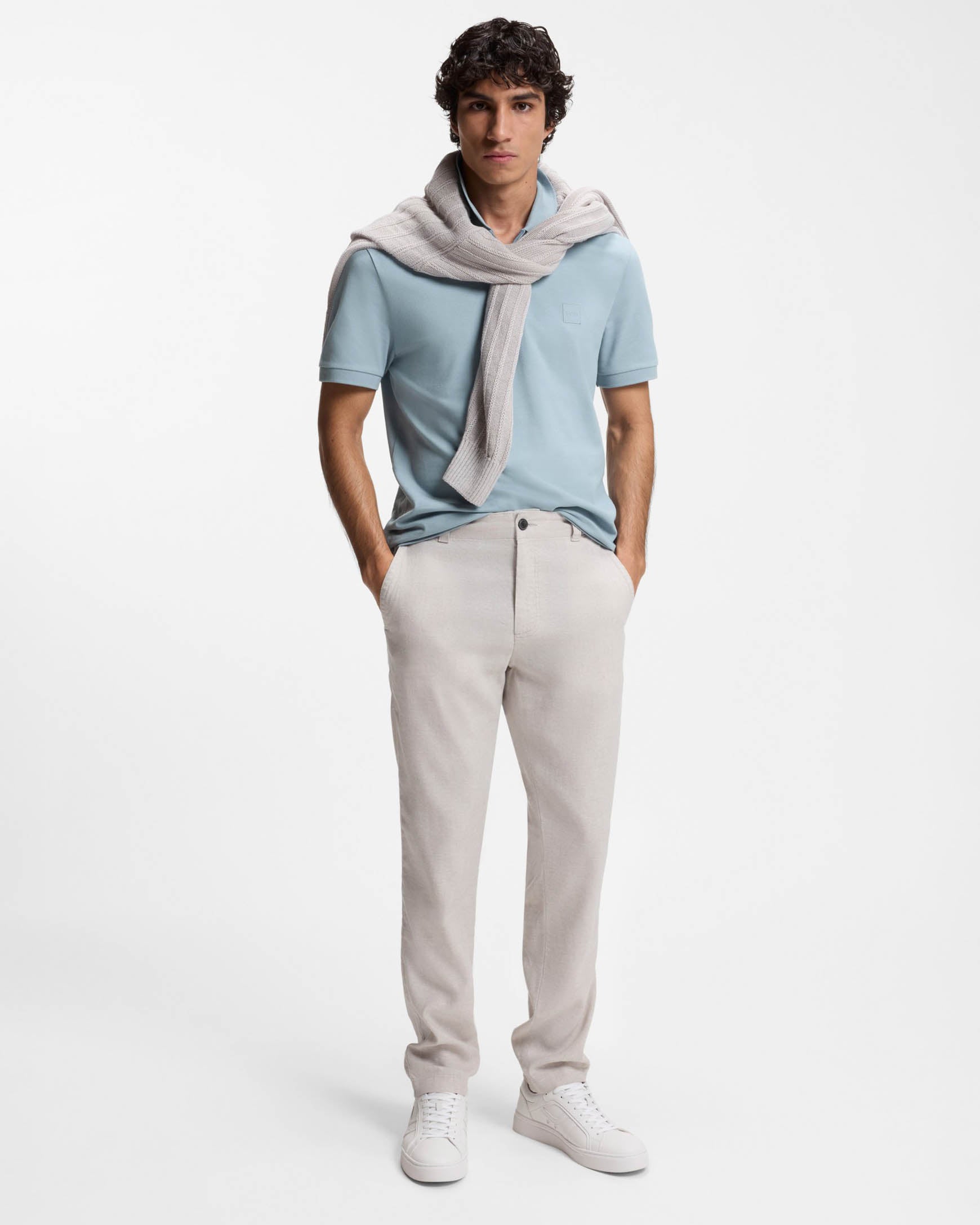 BOSS Orange Passerzip Mens Zip Placket Polo Shirt - Light/Pastel Blue 458 | CHO | Designer Mens Short Sleeve Polo Shirts