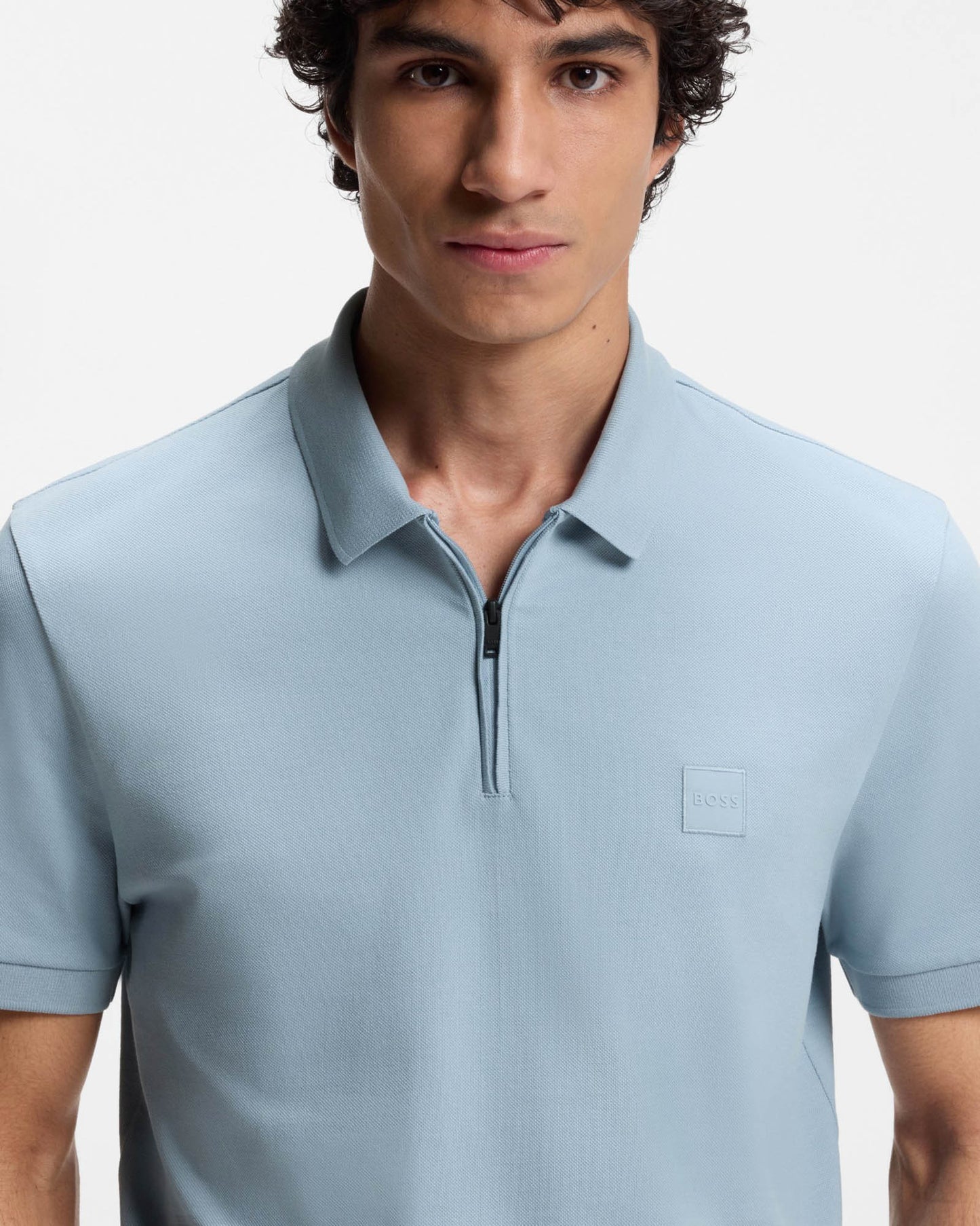 BOSS Orange Passerzip Mens Zip Placket Polo Shirt - Light/Pastel Blue 458 | CHO | Designer Mens Short Sleeve Polo Shirts