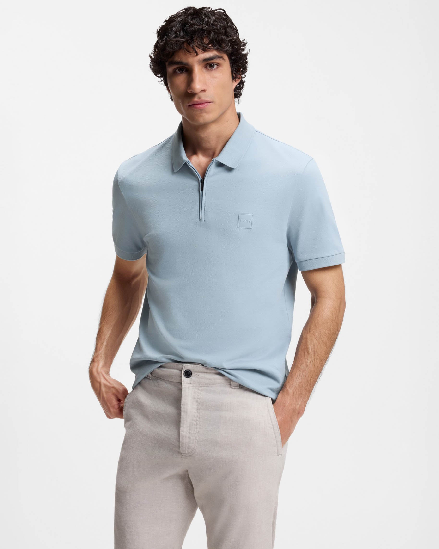 BOSS Orange Passerzip Mens Zip Placket Polo Shirt - Light/Pastel Blue 458 | CHO | Designer Mens Short Sleeve Polo Shirts