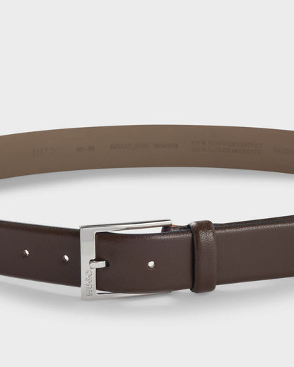 HUGO Gellot Mens Grained-Leather Belt with Logo Engraved Buckle - Dark Brown 202