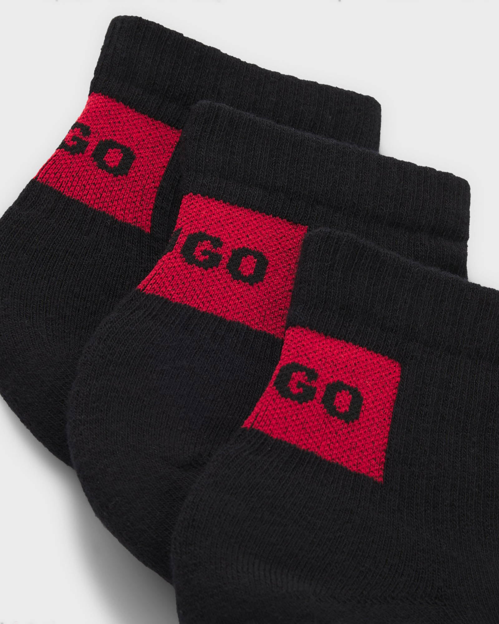 HUGO Three - Pack Mens ankle socks with red logo labels - Black 001 | CHO | Designer Mens,Underwear & Socks,Socks