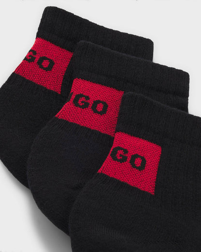 HUGO Three - Pack Mens ankle socks with red logo labels - Black 001 | CHO | Designer Mens,Underwear & Socks,Socks