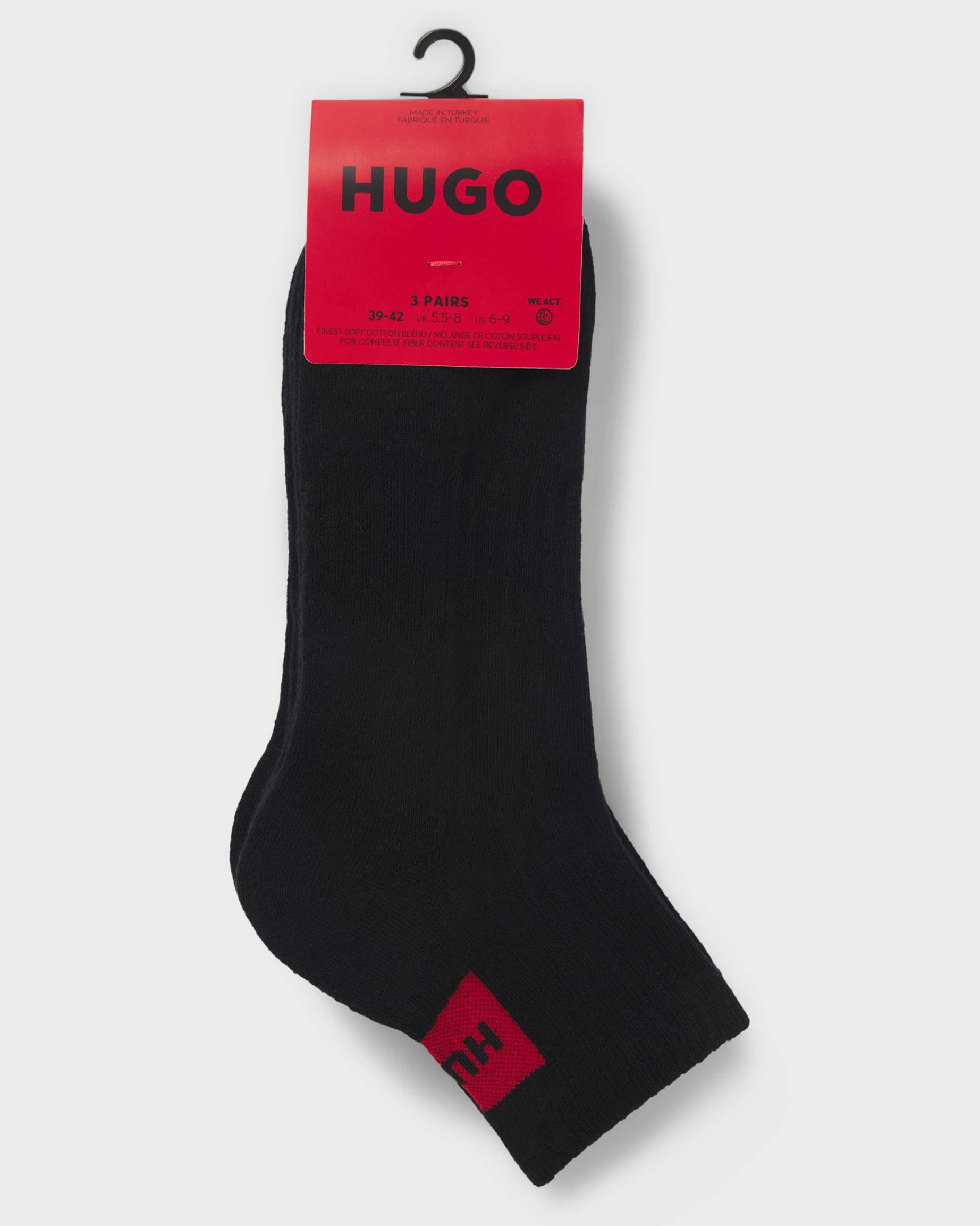 HUGO Three - Pack Mens ankle socks with red logo labels - Black 001 | CHO | Designer Mens,Underwear & Socks,Socks