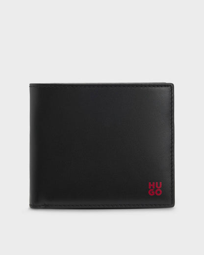 HUGO Tibby Mens Leather Billfold Wallet with Red Stacked Logo  - Black 001