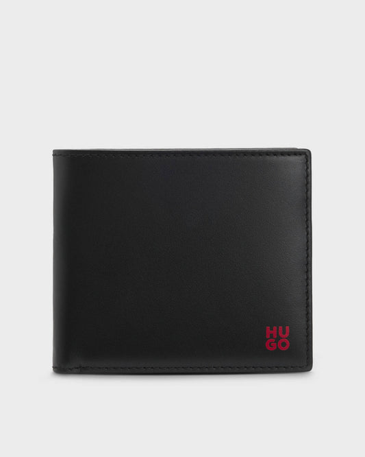 HUGO Tibby Mens Leather Billfold Wallet with Red Stacked Logo  - Black 001