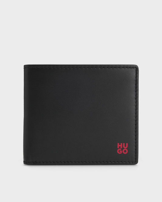 HUGO Tibby Mens Folding Leather Wallet with Red Stacked Logo - Black 001