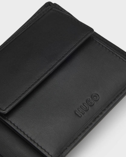 HUGO Tibby Mens Folding Leather Wallet with Red Stacked Logo - Black 001