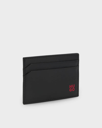 HUGO Tibby Mens Leather card holder with red-foil stacked logo  - Black 001