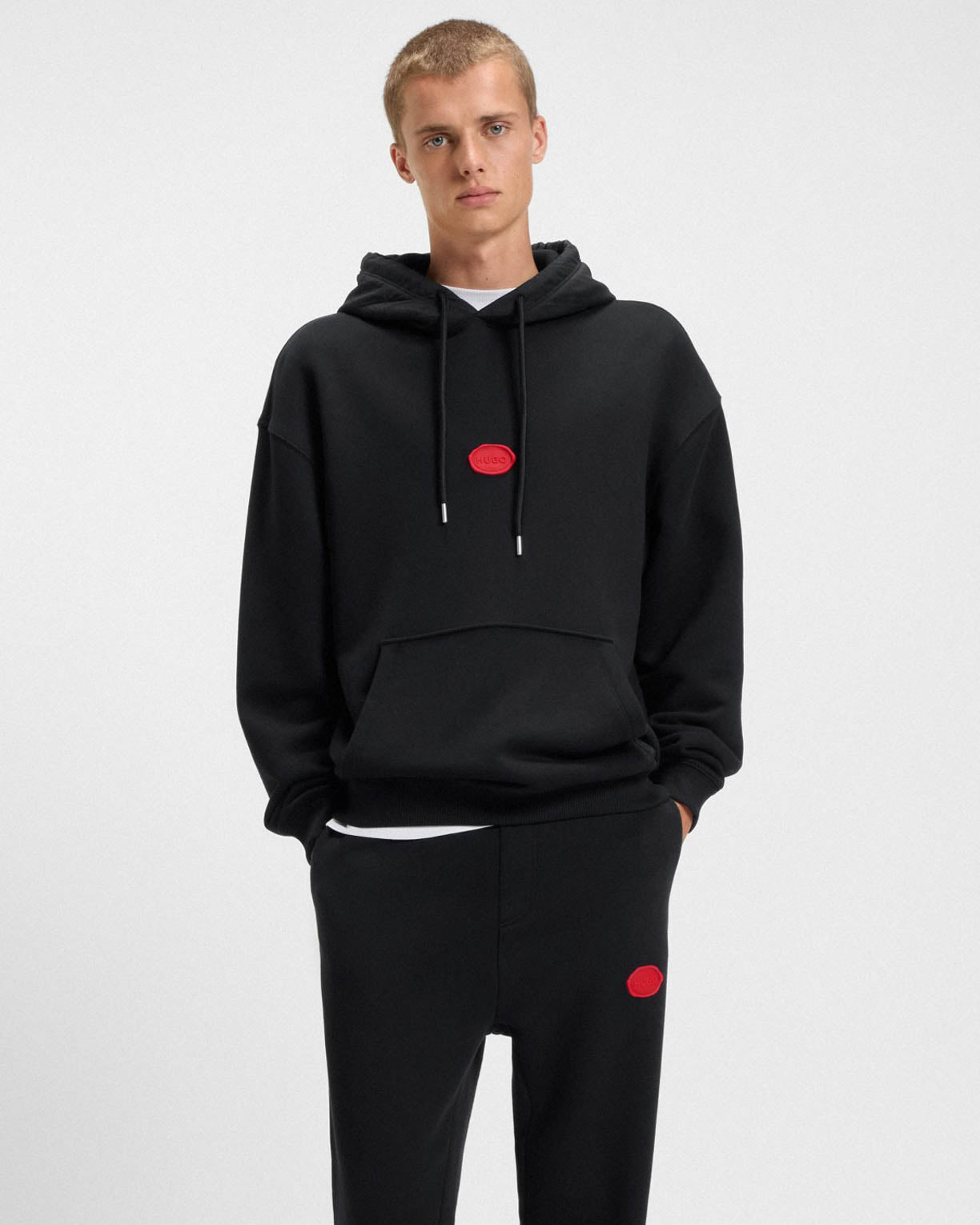 HUGO Dilvano Mens Pullover Hoodie with Waxed-Stamp Logo - Black 001 - CHO - Designer Mens Hoodies