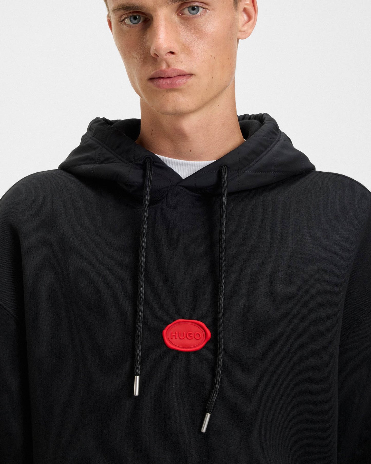 HUGO Dilvano Mens Pullover Hoodie with Waxed-Stamp Logo - Black 001 - CHO - Designer Mens Hoodies