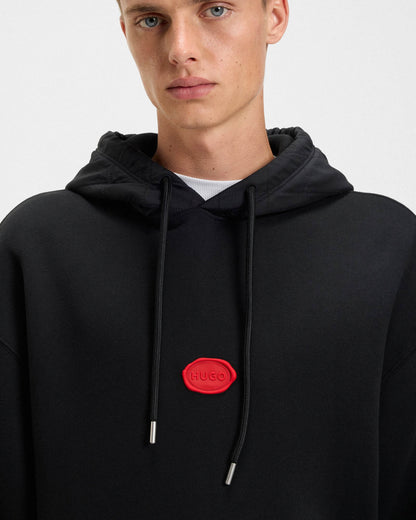 HUGO Dilvano Mens Pullover Hoodie with Waxed-Stamp Logo - Black 001 - CHO - Designer Mens Hoodies
