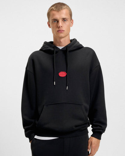 HUGO Dilvano Mens Pullover Hoodie with Waxed-Stamp Logo - Black 001 - CHO - Designer Mens Hoodies