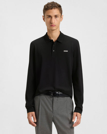 HUGO Donoslong Mens Cotton-piqué Long Sleeve Polo shirt with logo print - Black 001