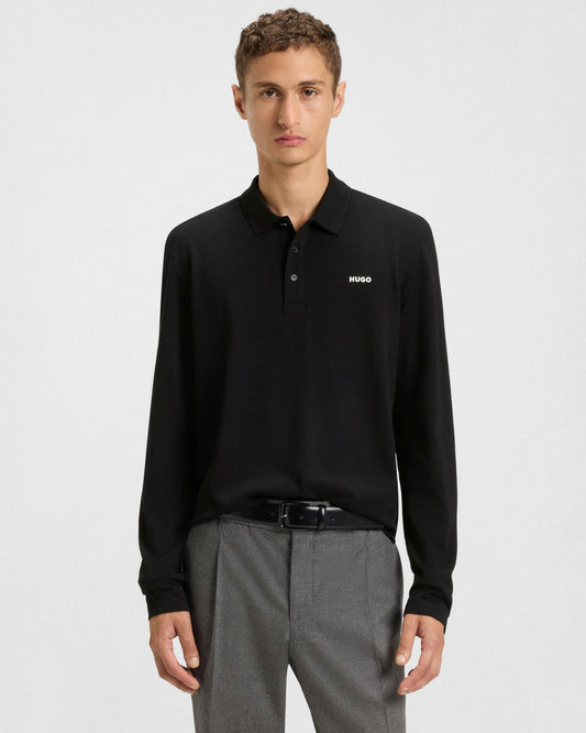 HUGO Donoslong Mens Cotton - piqué Long Sleeve Polo shirt with logo print - Black 001 | CHO | Designer Mens,Polo Shirts,Long Sleeve