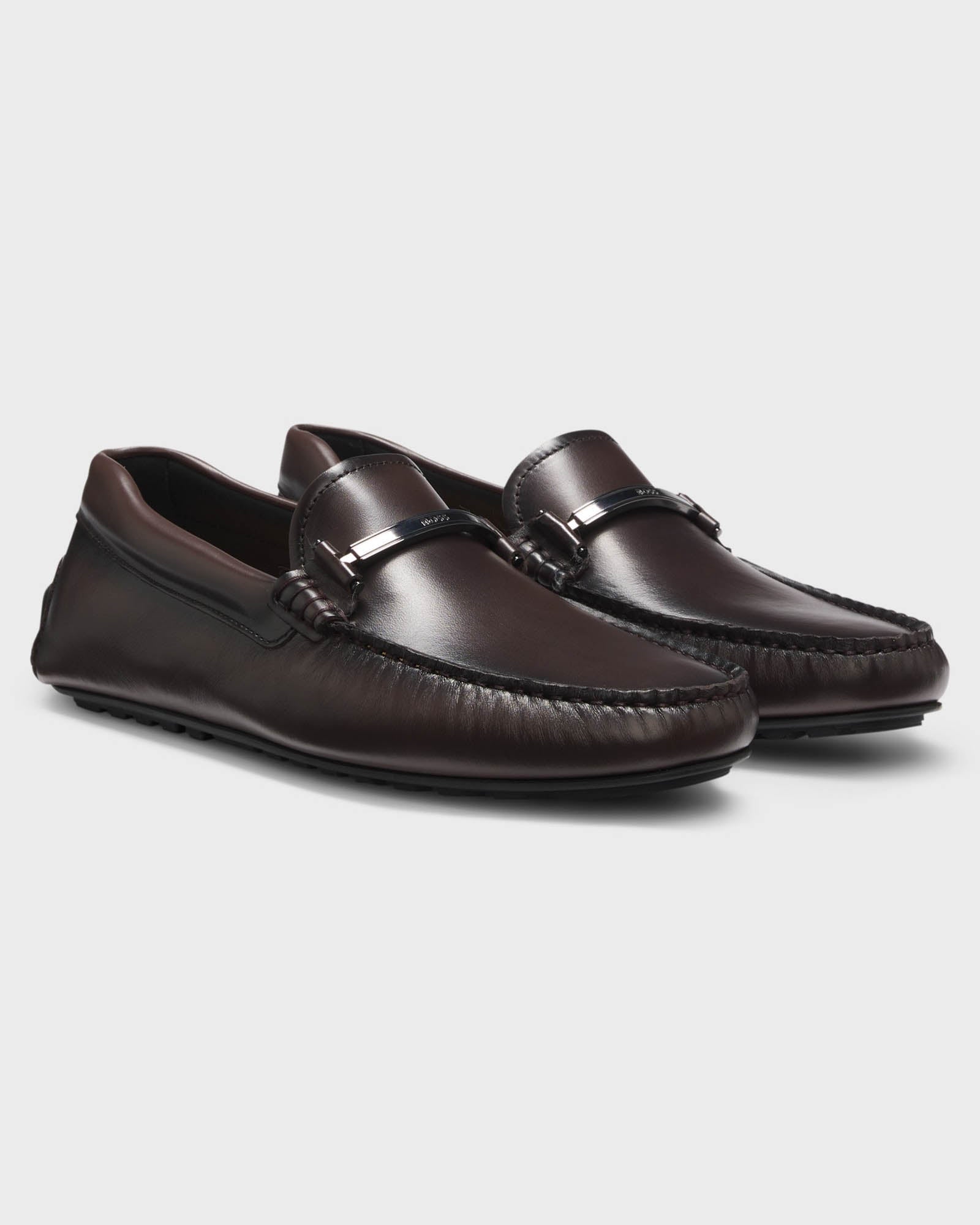 BOSS Orange Noel Mens Leather Driver Shoes with Branded Hardware - Dark Brown 205 | CHO | Designer Mens Shoes