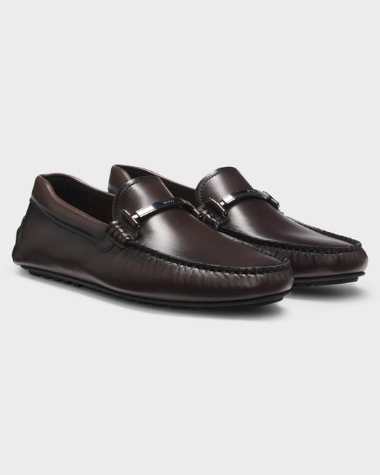 BOSS Orange Noel Mens Leather Driver Shoes with Branded Hardware - Dark Brown 205 | CHO | Designer Mens Shoes