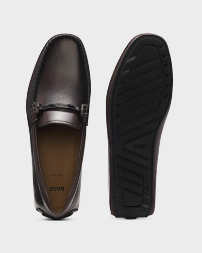 BOSS Orange Noel Mens Leather Driver Shoes with Branded Hardware - Dark Brown 205 | CHO | Designer Mens Shoes