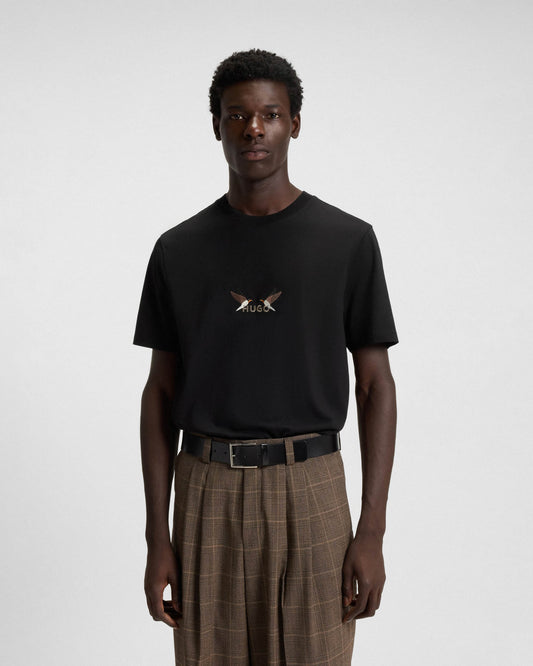 HUGO Dugolini Mens Cotton-Jersey T-Shirt with Embroidered Logo Artwork  - Black 001