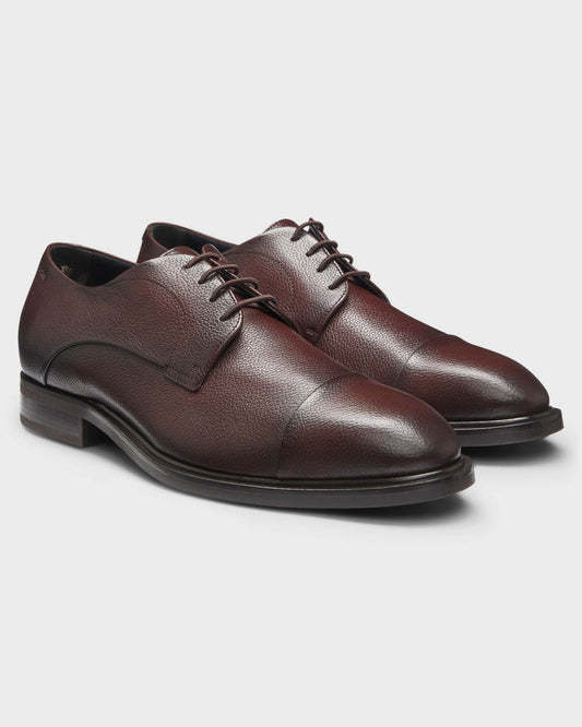 BOSS Orange Winslow Mens Cap Toe Derby Shoes in Grained Leather - Dark Brown 203 - CHO - Designer Mens Derby Shoes