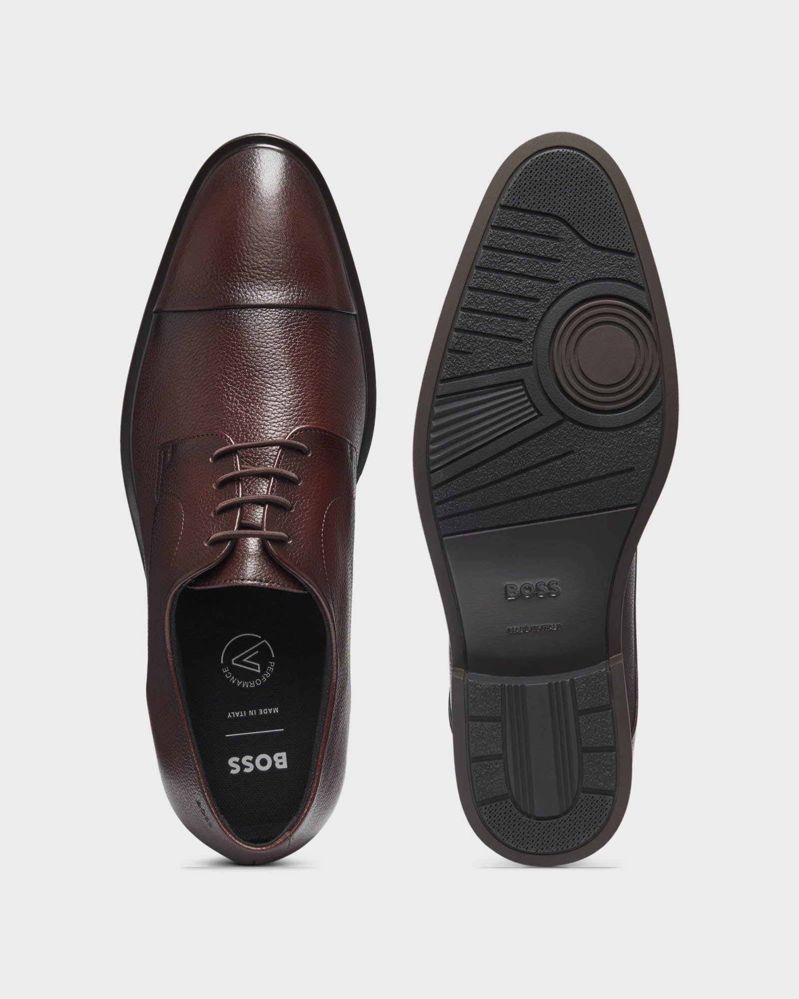 BOSS Orange Winslow Mens Cap Toe Derby Shoes in Grained Leather - Dark Brown 203 - CHO - Designer Mens Derby Shoes