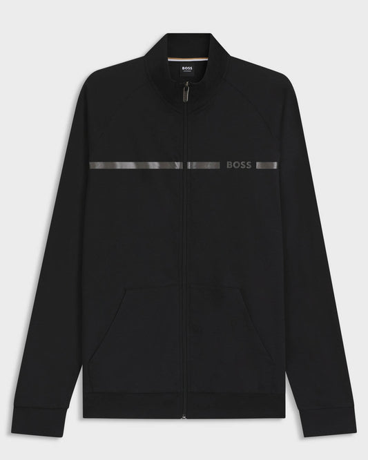 BOSS Orange Authentic Mens Cotton-Terry Loungewear Jacket with Stripe and Logo  - Black 001
