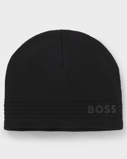 BOSS Green Afleece X Mens Wool-Blend Beanie Hat with Rubber-Print Logo  - Black 001