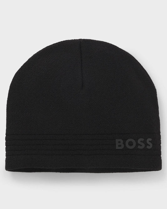 BOSS Green Afleece X Mens Wool-Blend Beanie Hat with Rubber-Print Logo  - Black 001