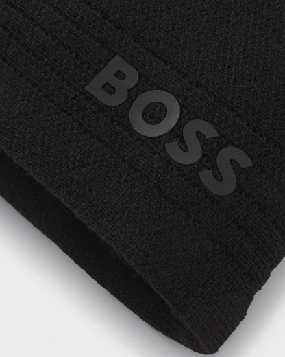 BOSS Green Afleece X Mens Wool-Blend Beanie Hat with Rubber-Print Logo  - Black 001