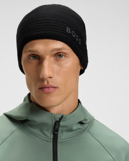 BOSS Green Afleece X Mens Wool-Blend Beanie Hat with Rubber-Print Logo  - Black 001
