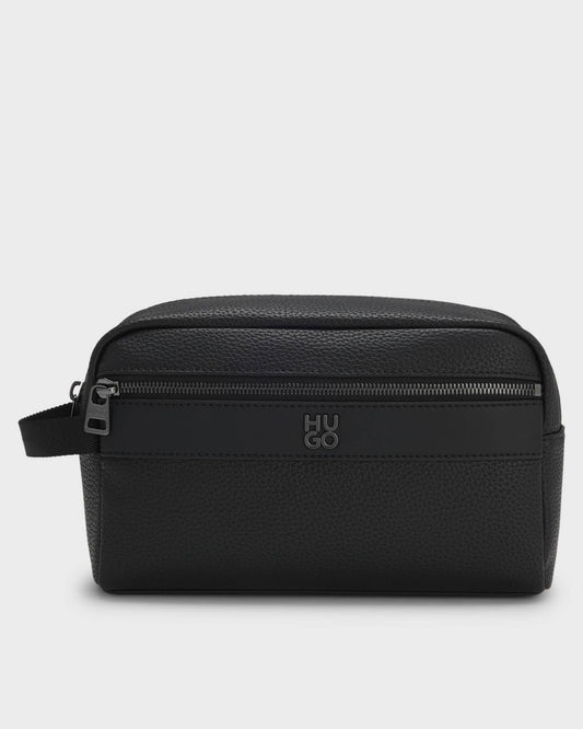 HUGO Quantic Mens Grained Faux Leather Washbag with Stacked-Logo- Black 001