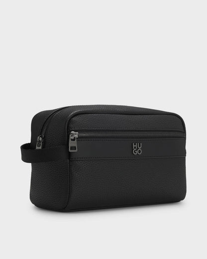 HUGO Quantic Mens Grained Faux Leather Washbag with Stacked-Logo- Black 001