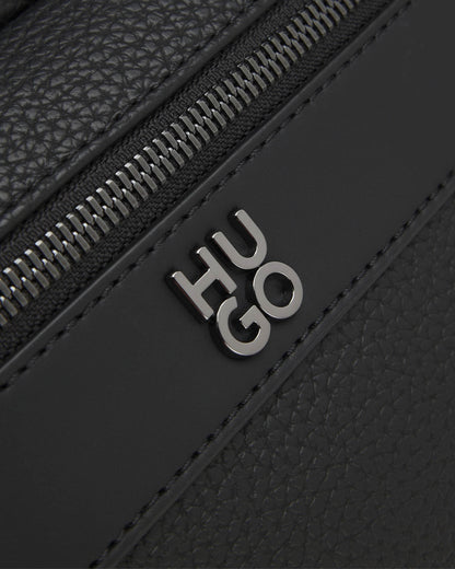 HUGO Quantic Mens Grained Faux Leather Washbag with Stacked-Logo- Black 001