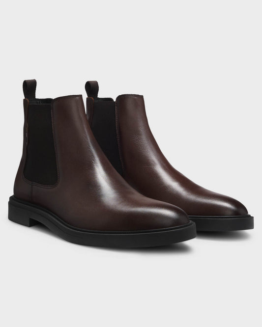 BOSS Orange Calev Mens Chelsea boots in polished leather with signature stitching - Dark Brown 201 | CHO | Designer Footwear,Mens Footwear,Boots,Short Boots