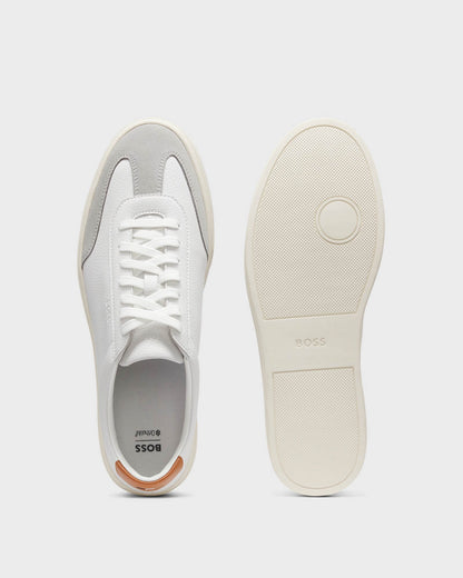 BOSS Orange Kieran Mens Grained-Leather Trainers with Contrast Backtab - Natural 108