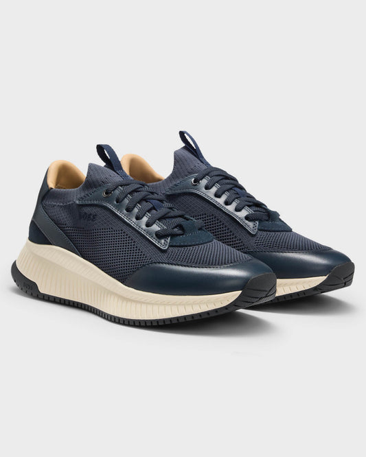 BOSS Orange TTNM EVO Mens trainers with knitted uppers and leather trims - Dark Blue 401 | CHO | Designer Footwear,Mens Footwear,Trainers