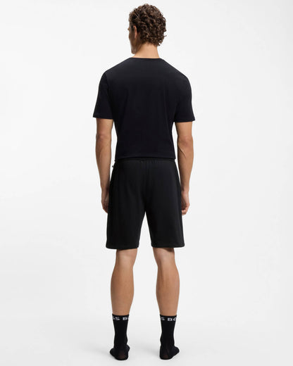 Model Wearing BOSS Orange Authentic Mens Loungewear Shorts with Stripe and Logo in Black 004 - Back
