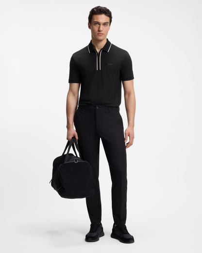 BOSS Green Philix Mens Slim Fit Zip Polo Shirt in Moisture - Wicking Stretch Cotton - Black 001 | CHO | Designer Mens Short Sleeve Polo Shirts