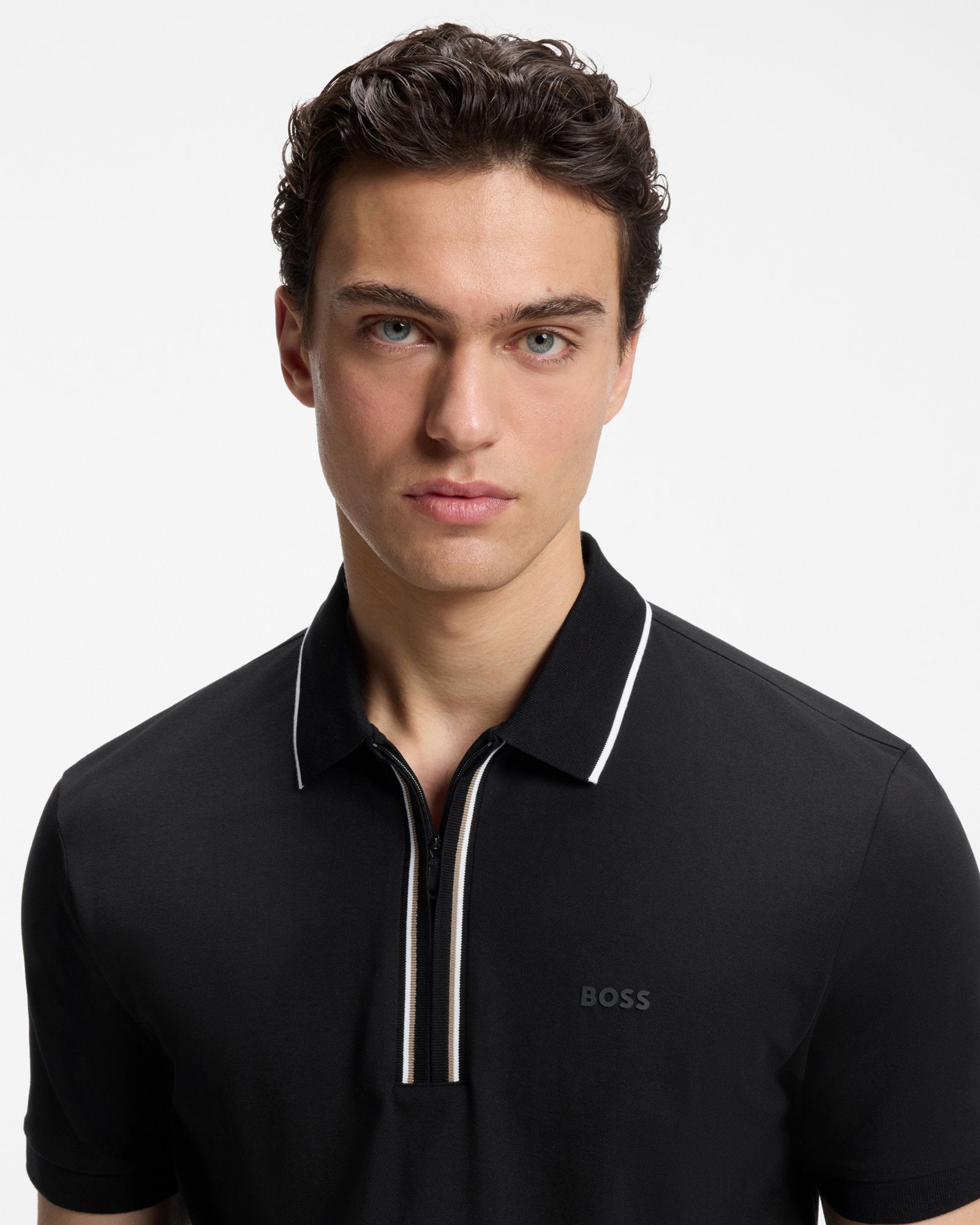 BOSS Green Philix Mens Slim Fit Zip Polo Shirt in Moisture - Wicking Stretch Cotton - Black 001 | CHO | Designer Mens Short Sleeve Polo Shirts