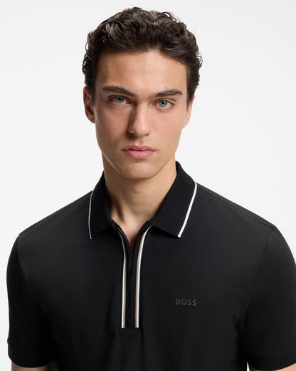 BOSS Green Philix Mens Slim Fit Zip Polo Shirt in Moisture - Wicking Stretch Cotton - Black 001 | CHO | Designer Mens Short Sleeve Polo Shirts