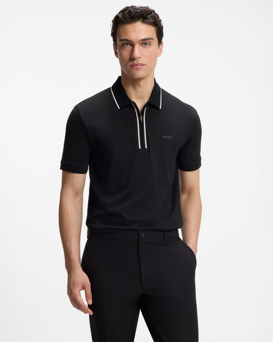 BOSS Green Philix Mens Slim Fit Zip Polo Shirt in Moisture-Wicking Stretch Cotton- Black 001