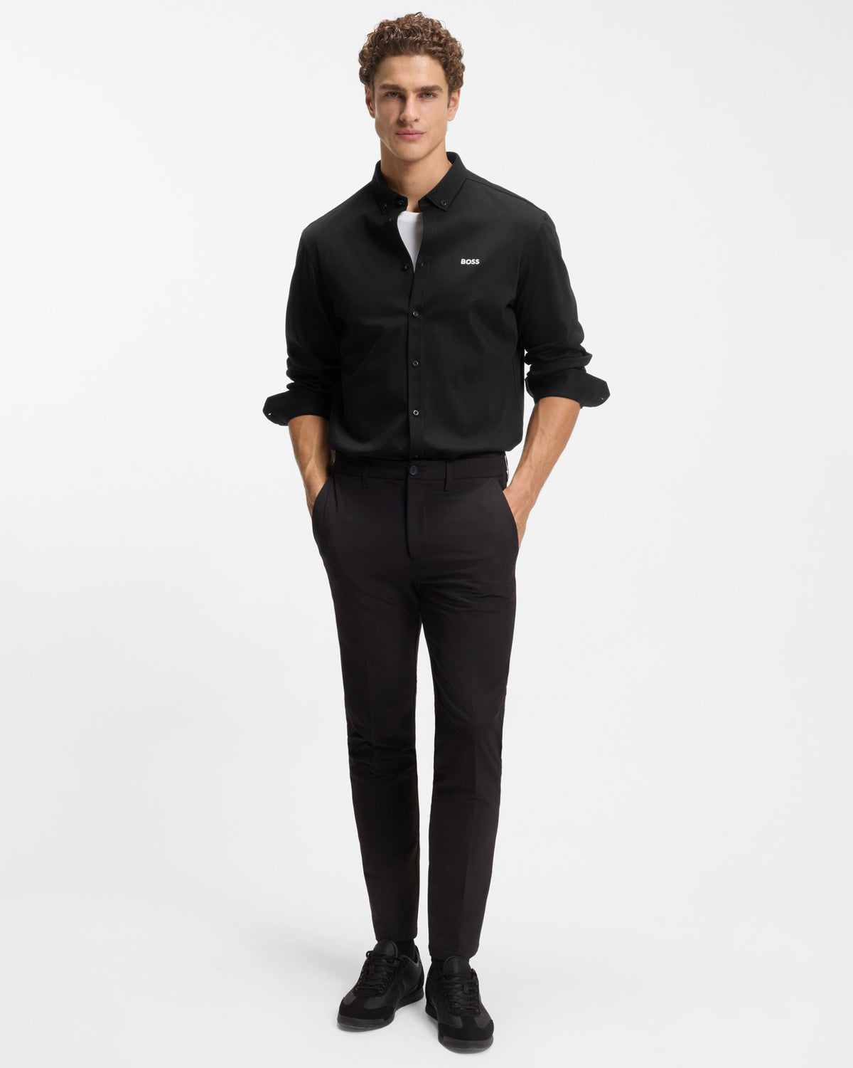 BOSS Green ST Motion Mens Long Sleeve shirt in cotton jersey with natural stretch - Black 002 full length, front